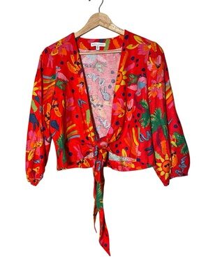 Maison D’Amelie Red Print Tropical Tie-Front Blazer